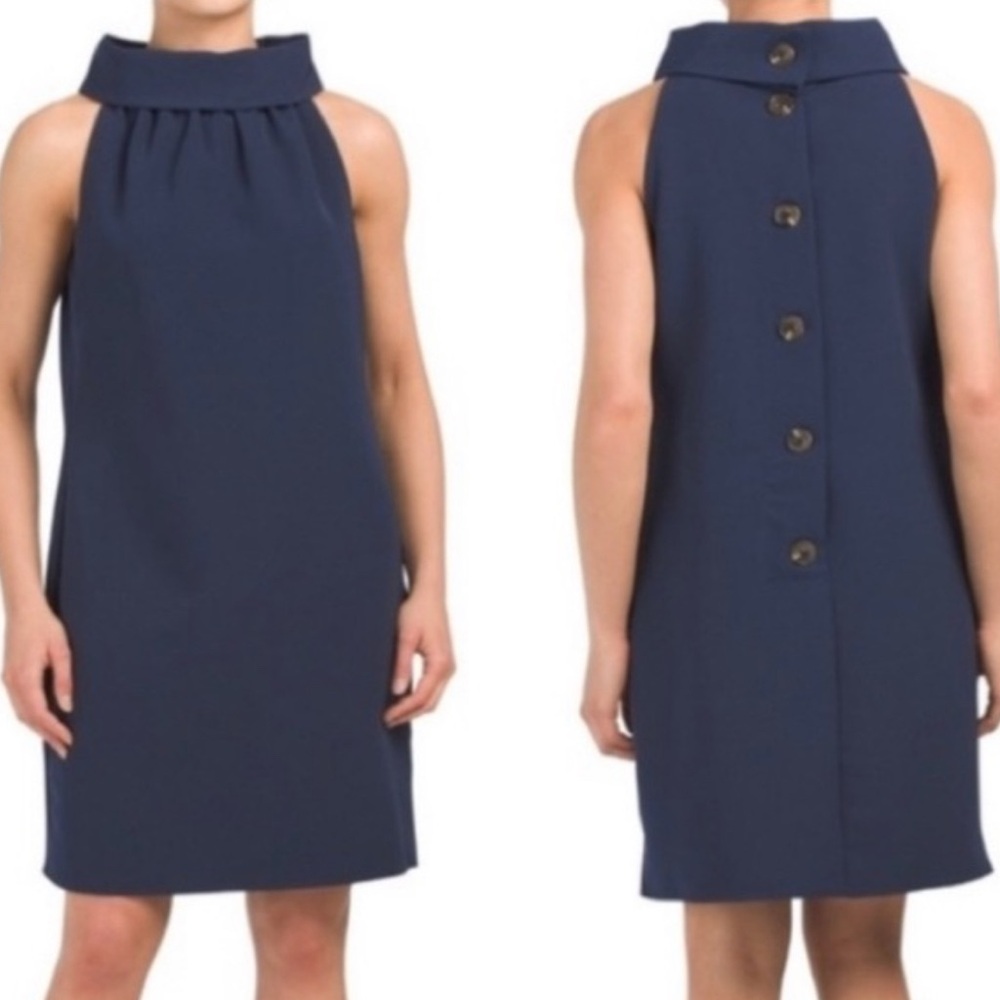 Sail to Sable CowlNeck Navy Dress with Button Back Detail.